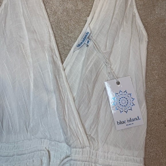 NWT Blue Island White Linen Sheer V Neck Scrunch Waist Maxi Dress Size XS - Picture 7 of 10